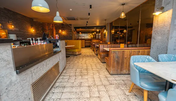 Vibrant city skyline with colorful sky